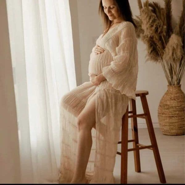 Ruffle and pleated maternity outfit Bohemian Photosoot dress beige long sleeved baby shower dress maternity outfit W241211