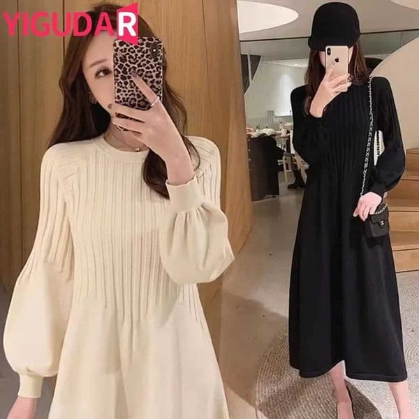 Vintage Knitted Sweater Long Sleeve Pregnant Dress Ultra Thin Korean Elegant Autumn/Winter Sweater W241211