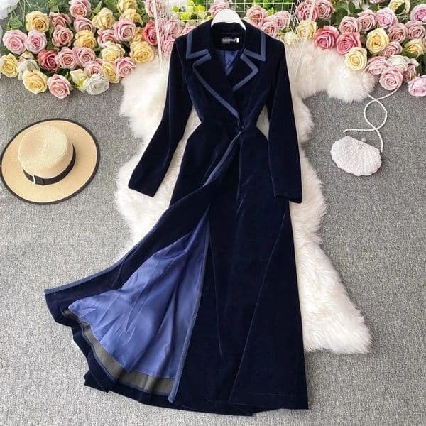 Women's Down Autumn And Winter Black Velvet Blazer Dress Long Over The Knee Fashion Temperament Maxi Windbreaker Jacket Women Slim Coat