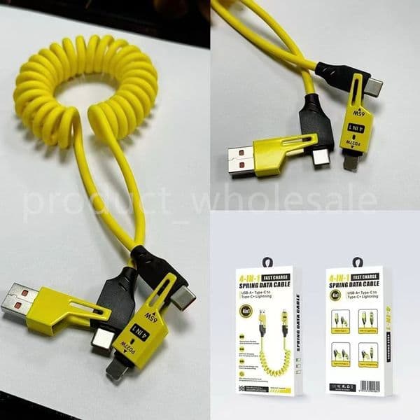 4In1 65W Spring data cable Fast Charging 1m 3FT USB To Type C PD 27W Super Fast Charging Elastic stretch Phone Cables For Samsung Huawei iPhone Cable 13 14 15 16 pro max