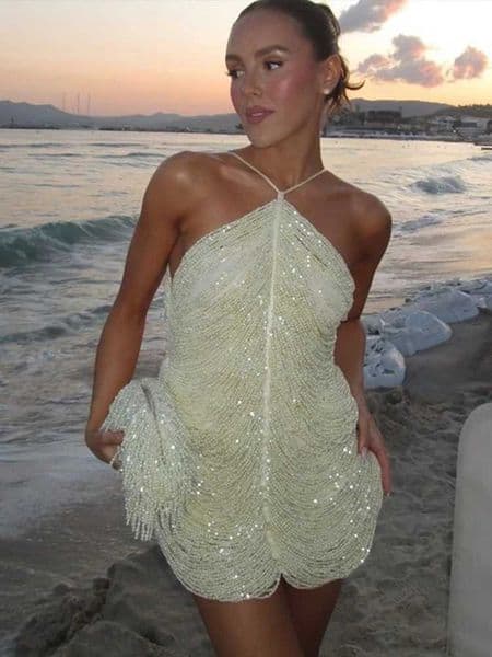 Urban Sexy Halter Sequin Tassel Party Dress Women Slim Slveless Backless Hip Package Mini Dresses 2025 Chic Club Evening Vestidos Y241212RG0Z
