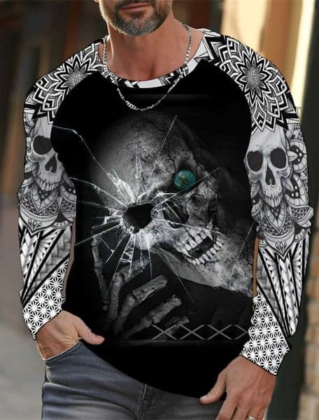 Mens long-sleeved T-shirt 3D printed high-definition skull stitching printing mens autumn tops casual round neck home clothesXJ241210
