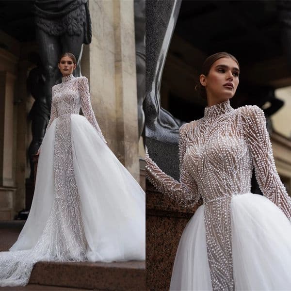 Gorgeous Bridal Dress Sequins Pearls Wedding High Collar Long Sleeves Ball Gown Detachable Train Customized Dresses Vestido De Novia