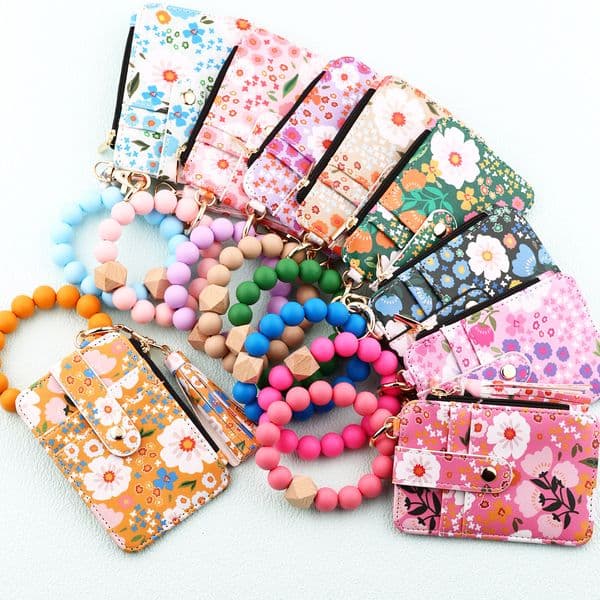 Leather PU Bracelet Wallet Keychain Party Favor Tassels Bangle Key Ring Holder Card Bag Silicone Beaded Wristlet Keychains s