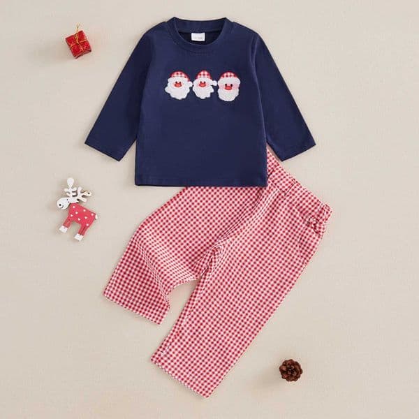 1-4 year old children girls boys Christmas set Santa Claus head embroidery long sleeved sportswear and plain pants 2 sets for toddlers W241213
