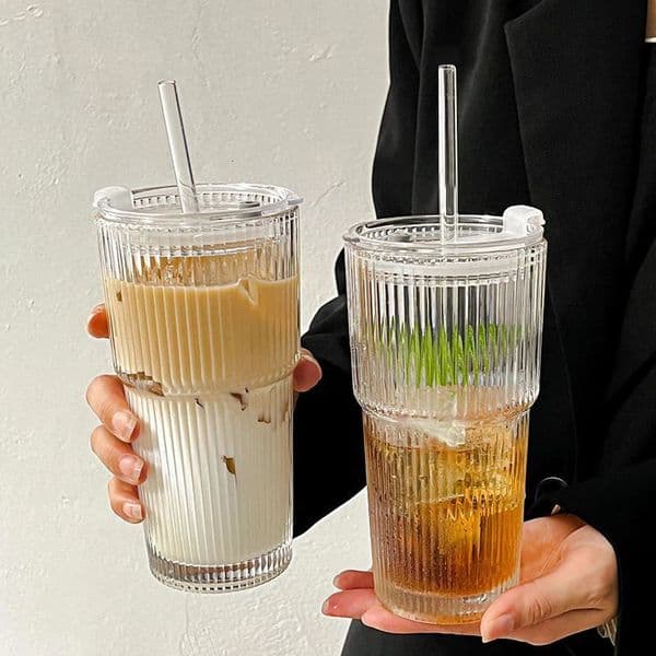 600ML Stripe Glass Coffee Cup With Lid and Straw Transparent Drinking Glasses for Juice Milk Tea Cups Iced Mugs Drinkware 241230