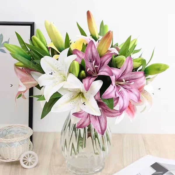 3Heads Artificial Flowers Lily Real Touch Fake Flowers for Wedding Home Party Garden Office Decoration Plastic Lily Faux FlowersXJ241212