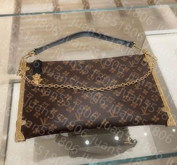 Cow Leather Shoulder Bag Trunk Chain Bag Women Clutch Handbag Designer Tote Bags Canvas with Metal Frame and Shiny Lock Buckle Fashion Large Bag Autumn Winter
