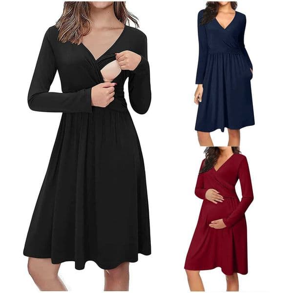 Pregnant Breastfeeding Dress With Pocket Casual Solid Color V-Neck Long Sleeve For Breastfeeding Dress Pregnancy Dress VestidosXJ241213