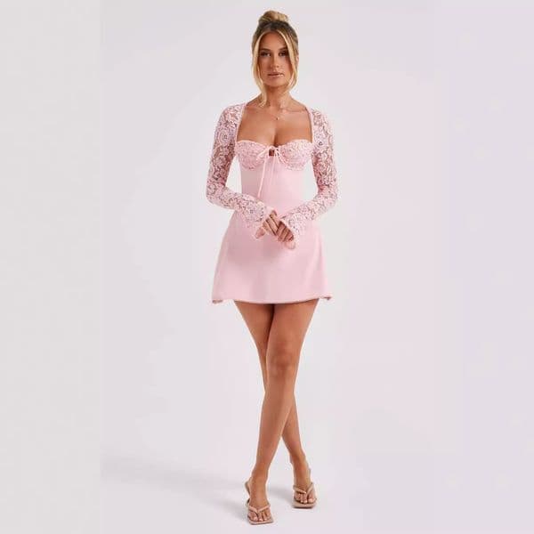 Hot selling short skirt sexy long sleeved slim fit backless lace fashion party dress