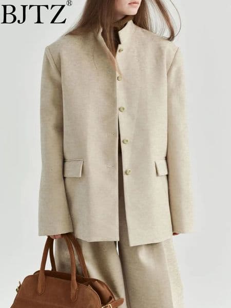 BJTZ Stand Up Collar Style Fashionable Cotton Clip Single Breasted Suit Jacket For Women Autumn And Winter 241209