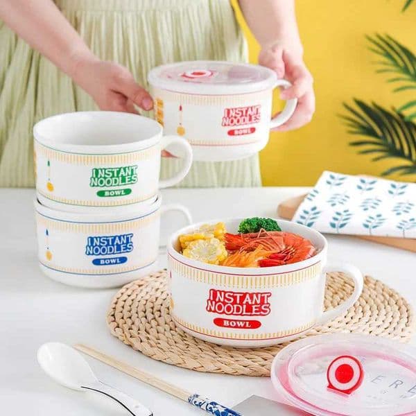 Large Capacity Ceramic Instant Noodle Bowl with Cover Perfect for Dorms and Home Kitchens - Keep Your Noodles Fresh and WarmXJ241214