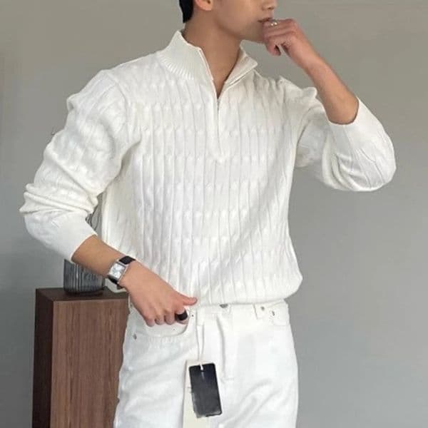 Autumn mens knitted jacquard zipper pullover sweater highend retro solid color vertical collar long sleeved M3XL 241213Z