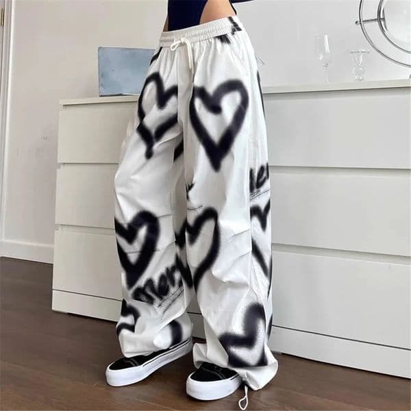 Love Graffiti Wide Leg Womens Y2k Elastic High Waist Street Clothing Loose Stretch Jogging Trouser Korean Casual Sports Pants 241214