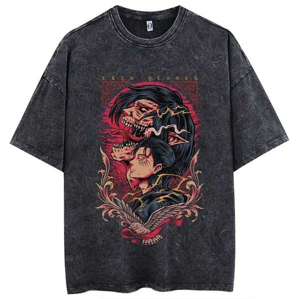Anime Attack on Titan T-Shirt Hip Hop Oversized Streetwear Vintage Printed Washed Short Sleeve T Shirt Summer Cotton Male Tops W241216