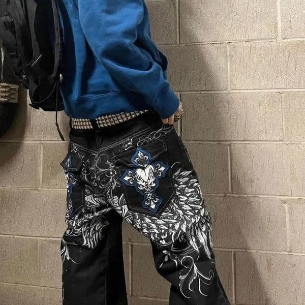 Y2k Street High Waist Gothic Skull Geometry Men Jeans American Retro Hip Hop Fashion Couple Straight Loose Pants 241216wtt