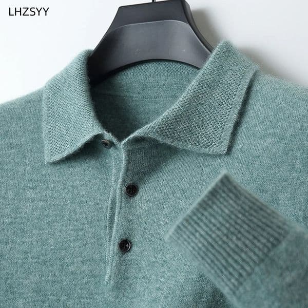 LHZSYY 100%Merino Wool Cardigans Men Lapel Pullover Long Sleeve POLO Neck Sweaters Loose Tops Knit Clothing Large Size Shirt 241216