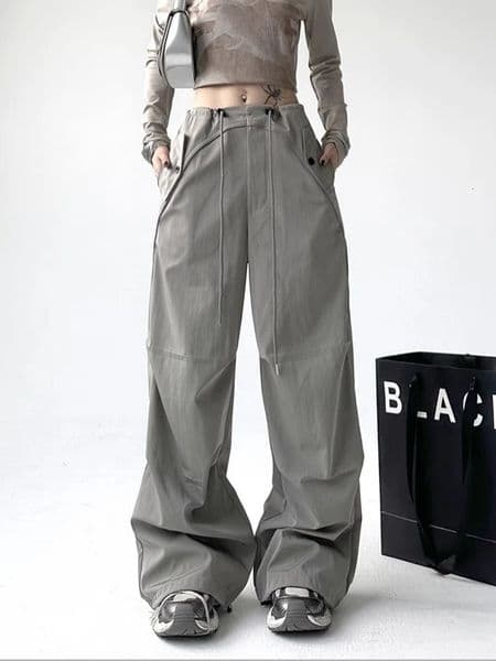 Zoki Y2K Harajuku pants womens streetwear high waisted American retro mens casual loose lace Up Bf wide leg pants 241216