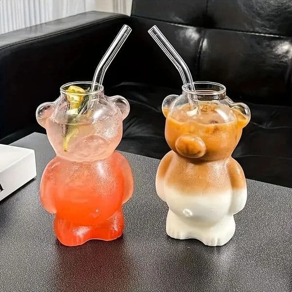 4 cups of 320ml/10.93oz equipped with 4 straws and brushes cute teddy bear glass cups high footed glass beverage containers 241217