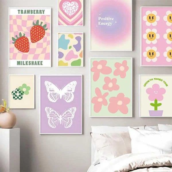 Danish Pastel Poster Aesthetic Colorful Canvas Painting Rainbow Purple Green Heart Butterfly Flower Wall Art Print Bedroom DecorXJ2411216