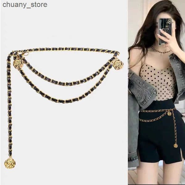 Belts High quality metal belt womens round flower pendant chain belt womens thin belt dress decoration L240910