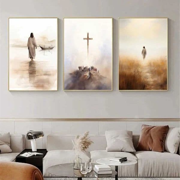 Jesus Walking on Water Pattern Watercolor Art Printmaking Religious Poster Cross Christ Decoration Beautiful Canvas PaintingXJ2411216