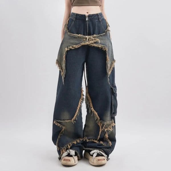 Y2K Retro Womens Denim Jeans Korean Street Clothing Super Star Aesthetics Straight Trio Wide Leg Jeans Coarse Pants Clothing 241216