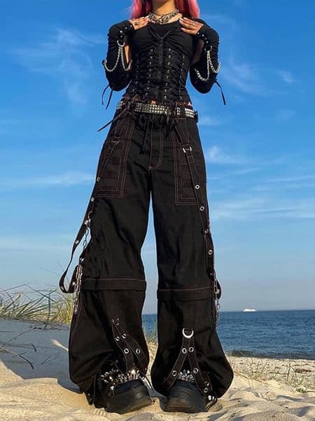 Womens cargo jeans striped zipper button closed loose casual Trouser street clothing with pockets autumn spring clothing punk Y2K 90s 241216