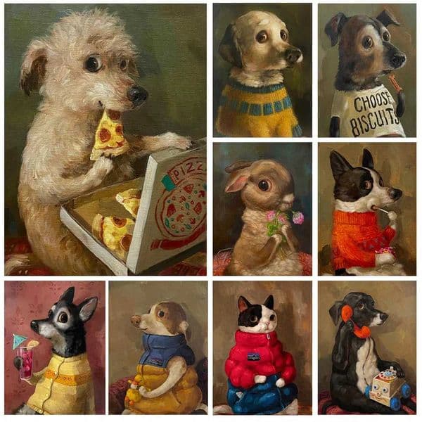 Funny Cute Puppy Eating Pizza Vintage Animal Poster Print Retro Art Living Room Home Decor Kitten Eating Cookies Canvas PaintingXJ2411216