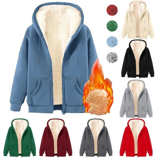 Womens Solid Color Fleece Thickened Hoodies Large Size M-5XL Zip Up Warm Lined Thermal Sweatshirt Fall Winter Hooded With Pockets 241216