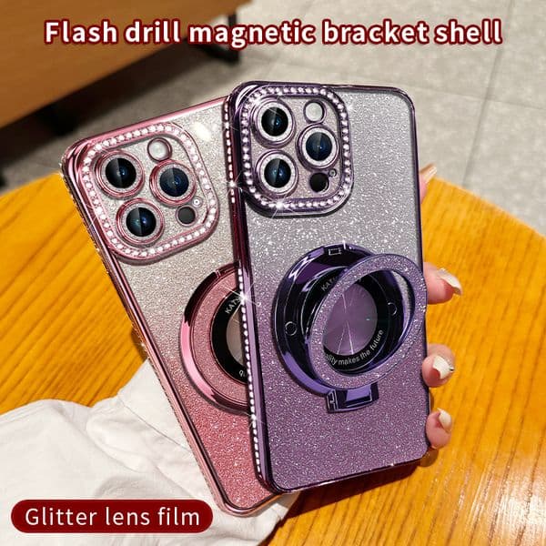 Luxury Diamond Bling Glitter Clear Soft TPU Ring Bracket Stand Magnetic For Magsafe Wireless Charging Case Shockproof For iPhone 16 15 14 13 12 11 Pro Max Plus