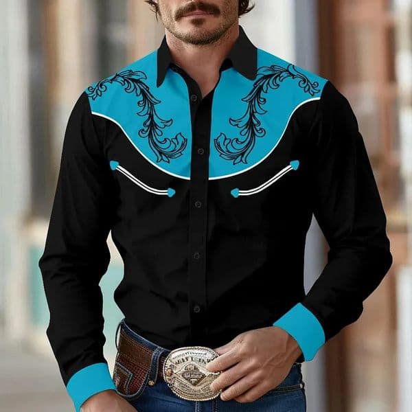 Western style denim floral printed long sleeved shirt suitable for comfortable and soft fabric party mens collar shirt in spring and summer 241216