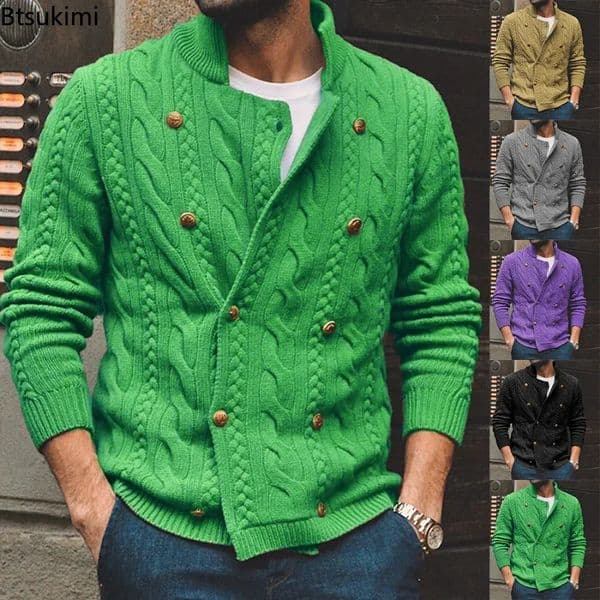 Autumn Winter Knitted Cardigan Men Double Breasted Sweater Coat Male Streetwear Warm Turtleneck Clothing 241217