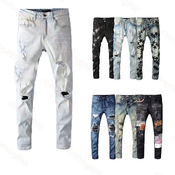 TOP mens designer jeans letter jeans classic print ripped patch fashion high street motorcycle skinny broken hole patched jeans 01