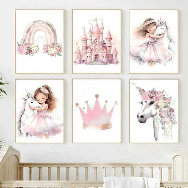 Pink Princess Rainbow Unicorn Castle Crown Custom Name Wall Art Canvas Painting Poster Print Pictures For Girl Kids Room DecorXJ2411216