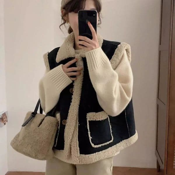Women Autumn Winter Lamb Wool Vest Korean Fashion Loose Sleeveless Jacket Tops Thick Preppy Style Casual Vest Coat 241218
