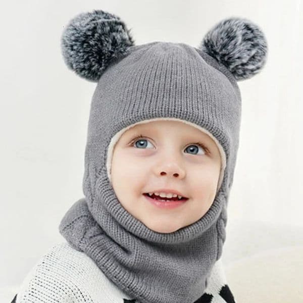Autumn and Winter Kids Balaclava Hat PomPom Knit Beanie Hats for Baby Hat Scarf Snood with Fleece Lining Caps for Boys 241218