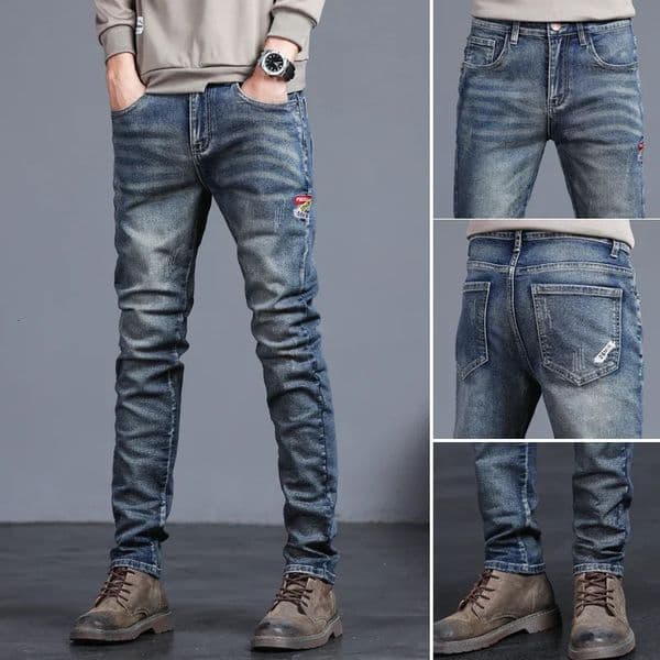 Mens Vintage Jeans Korean Fashion Slim Little Feet Embroidered Trousers Stretch Male Streetwear Denim Pants 241218