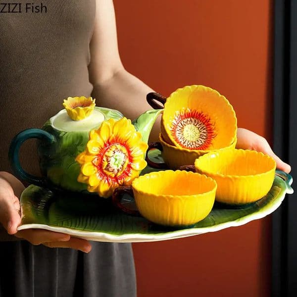 Ceramic Tea Set Afternoon Tea Accessories Sunflower Relief Artificial Yellow Flower Coffee Cup Tray Teapot Tea Cup 241217
