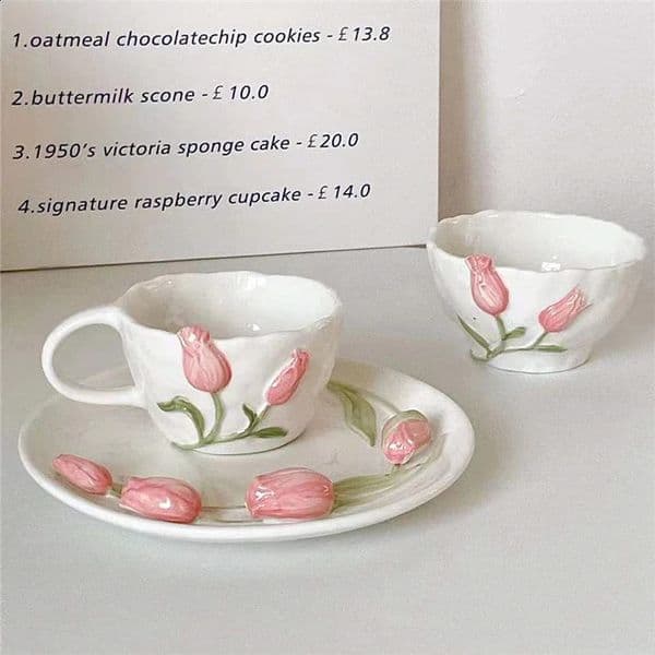Creative Coffee Cup Ceramic Pink Tulip Flower Tea Cup Coffee Afternoon Tea Cup Cake Plate 241217
