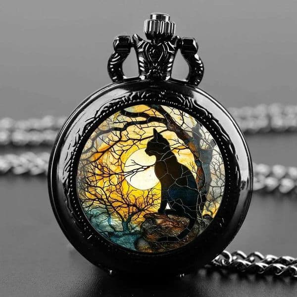 Cat Shadow Glass Dome Quartz Pocket With Durable Chain Arabic Numeral Dial Creative Gifts for Men WomenXJ241219