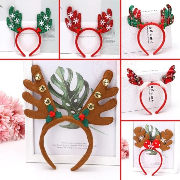 Christmas Antler Hair Hoop Printed Plaid Red Bowknot Glass Filament Christmas Decorations With Wing Head Band 241218