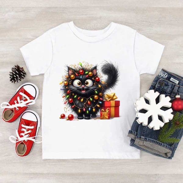 Autumn Winter Christmas Cat Print T-shirt Short Sleeve Crew Neck Tee Animal Kitten Children Clothes Boy Girl Xmas TshirtXJ241219