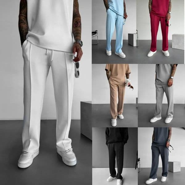 mens casual pants stylish and comfortable elastic waist drawstring single-line pleated solid color pocket mops pants 241218