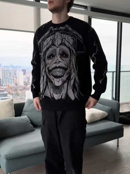Dark Y2K Harajuku Fashion Design Anime Knitted Cotton Round Neck Long Sleeve Pullout High Street Clothing Skiing Warmth W241219