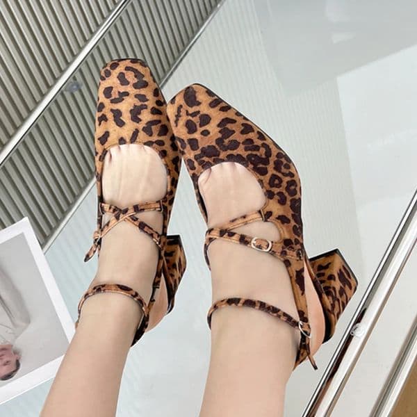 Eilyken New Fashion Leopard Print Narrow Band Buckle Strap Women Pumps Elegant Square Toe High Heels Wedding Party Shoes