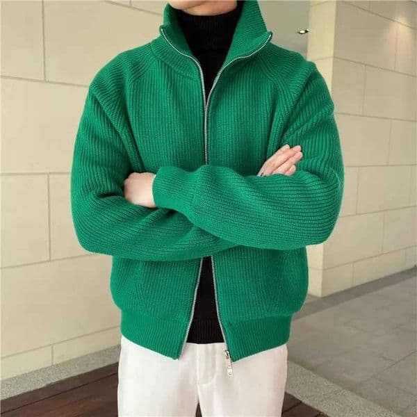 Warm Preppy style mens knitted sweater jacket with thick collar and fashionable double zipper pull flower casual top W241219
