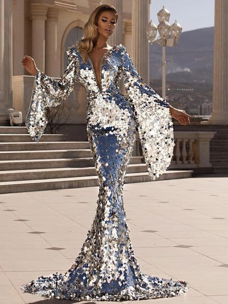 European and American womens dress sexy sequin silver banquet dress cover buttock evening dress 241216