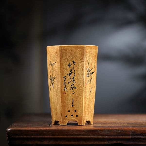 Ceramic Hexagon Cascade Bonsai Pot Vase, Chinese Handmade Carved Flower Pattern Shape, Garden Decoration, Traditional
