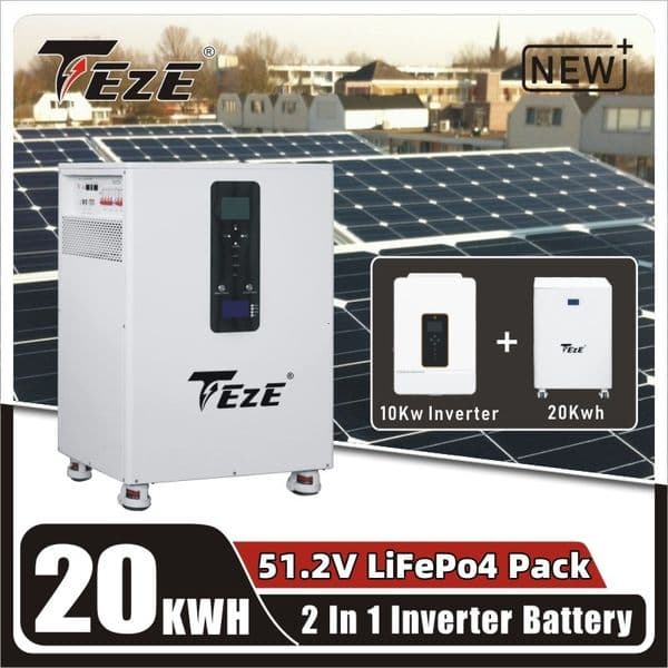 TEZE 20KWh 15KWh 48V Powerwall LifePo4 Battery 51V All In One Solar Energy System Built-in MPPT Inverter 10KW Power/200A Current